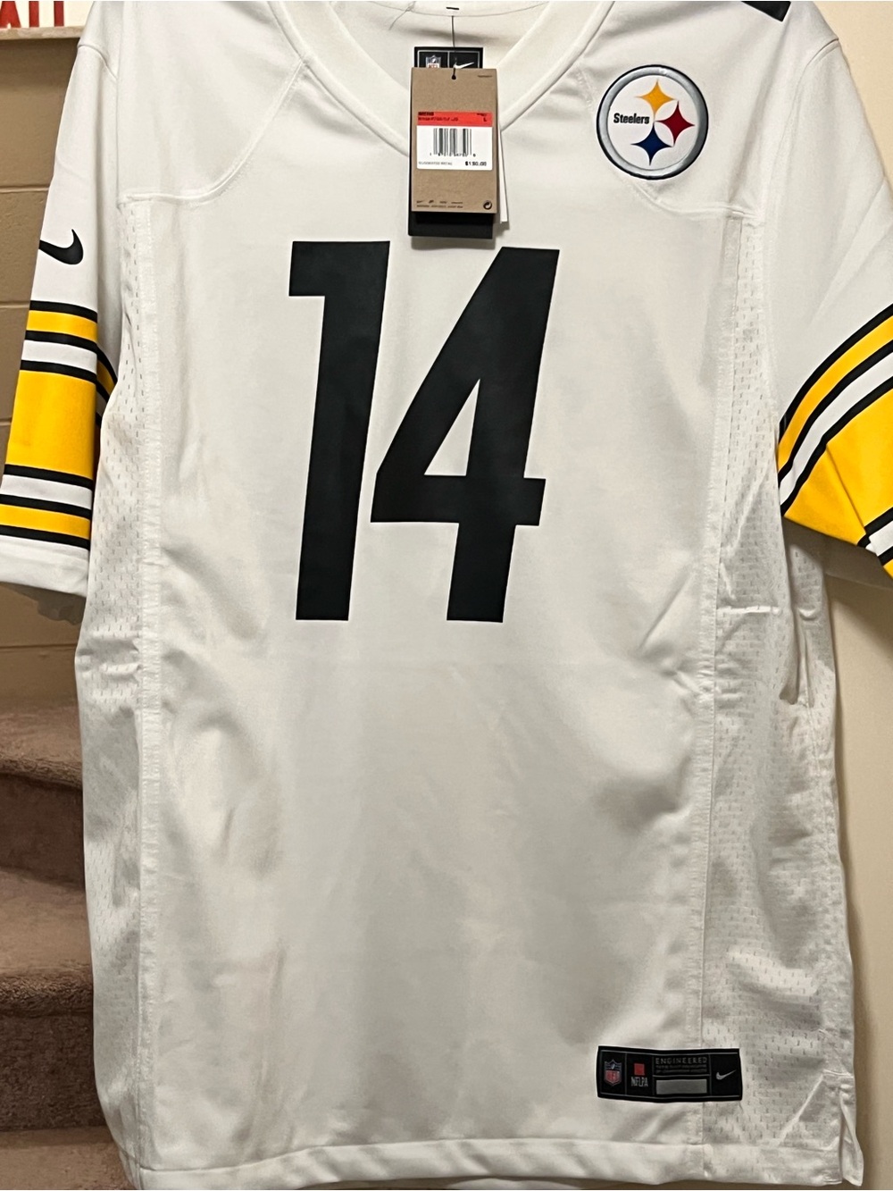 Nike White & Black Steelers #14 Men’s Football Jersey with Yellow Sleeve Accents